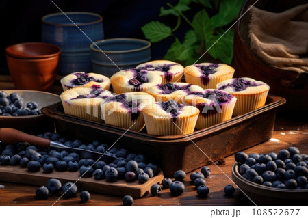 Blueberry muffins in a baking dish 108522677