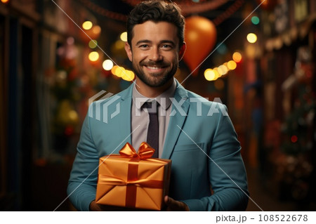 A business man holds a gift box for a corporate party 108522678