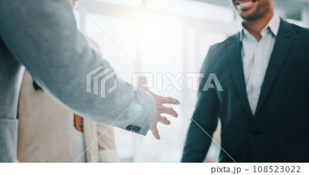 Business people, handshake and applause in meeting, thank you or promotion in teamwork at office. Group of employees shaking hands and clapping in team hiring, recruiting or greeting at workplace 108523022