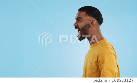 Stress, angry and man shouting in studio with anxiety, frustrated or disaster on blue background. Mistake, fail and profile of guy model with screaming reaction to mental health crisis, fear or panic Stress, angry and man shouting in studio with anxiety, frustrated or disaster on blue background. Mistake, fail and profile of guy model with screaming reaction to mental health crisis, fear or panic 108523127