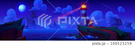 Lighthouse on island at night vector landscape 108523259