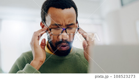 Man, stress or temple at laptop work deadline, thoughts or headache. Black person, hand massage or tired overworked thinking at office or email anxiety job burnout depression, frustrated or overwhelm 108523273