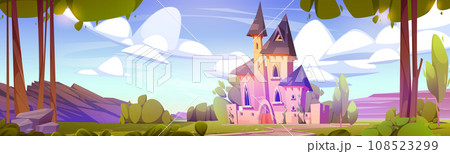 Fairytale castle on rocky mountain landscape Fairytale castle on rocky mountain landscape 108523299