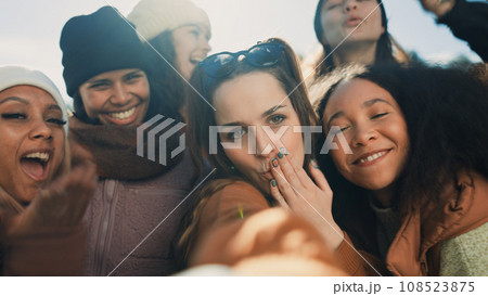 Selfie, group of happy friends and camping adventure, hugging together with diversity and friendship. Smile on face, photography and women on nature camp to relax, laugh and outdoor winter vacation. Selfie, group of happy friends and camping adventure, hugging together with diversity and friendship. Smile on face, photography and women on nature camp to relax, laugh and outdoor winter vacation. 108523875
