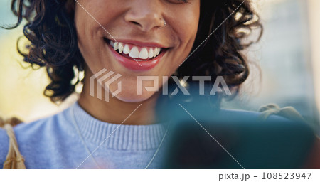 Phone, happy and woman with smile outdoors online for social media, networking and internet in city. Communication, vacation and female person on smartphone for chatting, connection and mobile app 108523947