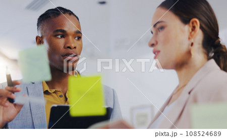 Board, explain or diversity people collaboration, communication and teamwork on sales strategy. Sticky note, brainstorming team or business partner cooperation on research info, project ideas or plan 108524689