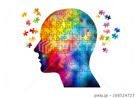 Human head and rainbow jigsaw puzzles. Generative AI. 108524727