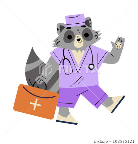 Raccoon Animal Doctor Character Walking with First Aid Kit Box Work in Hospital Vector Illustration 108525121