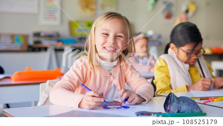 Smile, writing and study with girl in classroom for learning, knowledge and education. Scholarship, happy and future with portrait of young student at school for academy, exam test and project 108525179