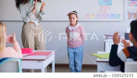 Class, presentation success and child speaker with applause and cheering in classroom at school. Young kid, education and oral reading of project with student and teacher with children in discussion Class, presentation success and child speaker with applause and cheering in classroom at school. Young kid, education and oral reading of project with student and teacher with children in discussion 108525233