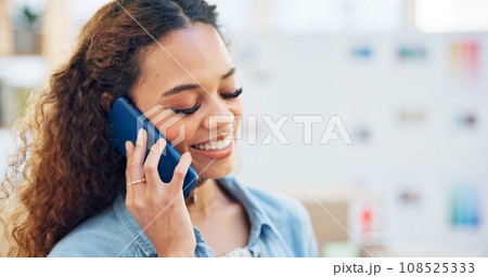 Creative, woman and phone call in startup for planning, conversation and contact with client on design ideas or work. Designer, communication and talking with person on cellphone about art project 108525333