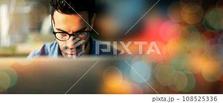 Computer, working and man with digital overlay or bokeh for information technology, software development and coding. Geek, person or worker on desktop pc for code, developer strategy and programming Computer, working and man with digital overlay or bokeh for information technology, software development and coding. Geek, person or worker on desktop pc for code, developer strategy and programming 108525336