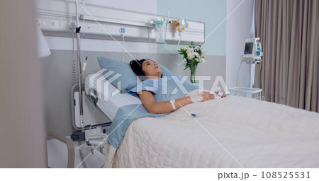 Thinking, hospital bed and woman with stress, medical support and depression with healthcare. Person, girl and patient with depression, surgery and medicare with anxiety, virus and icu with illness 108525531