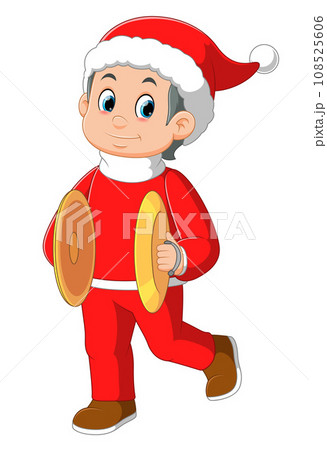 Cartoon little boy in red santa clothes playing cymbals of illustration Cartoon little boy in red santa clothes playing cymbals of illustration 108525606