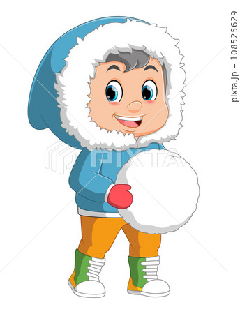 cute boy in winter clothes with big snowball of illustration cute boy in winter clothes with big snowball of illustration 108525629