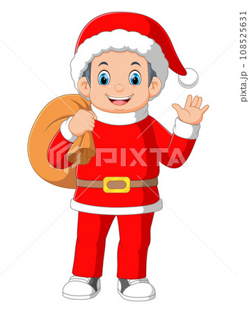 A boy wear santa costume carrying a sack of illustration 108525631