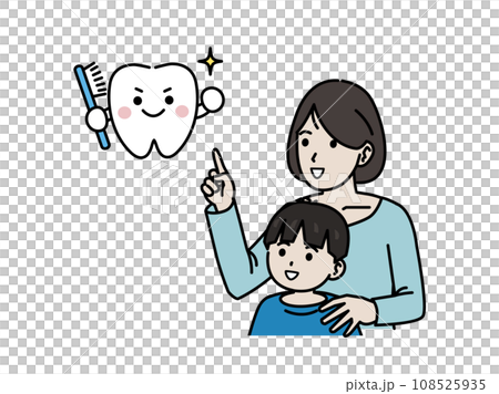 Illustration of a mother teaching her son how to brush his teeth Illustration of a mother teaching her son how to brush his teeth 108525935