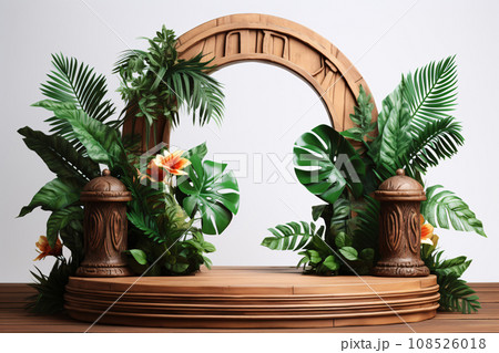 3D Realistic Wooden and Green Stone Podium with Tropical Palm Leaf Decoration, Product Display Mockup 108526018