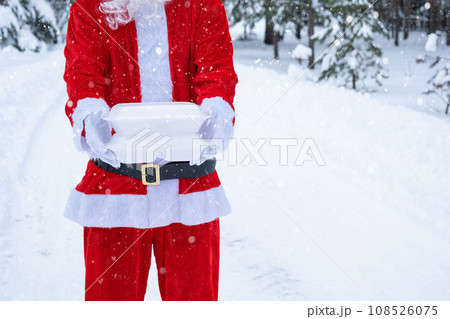 Food delivery service containers in hands of Santa Claus outdoor in snow. Christmas eve promotion. Ready-made hot order, disposable plastic box. New year holidays catering. Copy space, mock up Food delivery service containers in hands of Santa Claus outdoor in snow. Christmas eve promotion. Ready-made hot order, disposable plastic box. New year holidays catering. Copy space, mock up 108526075