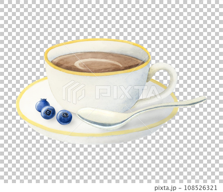 White coffee cup with cappuccino, spoon and blueberries watercolor illustration isolated on white background for menus, invitations and logos 108526321