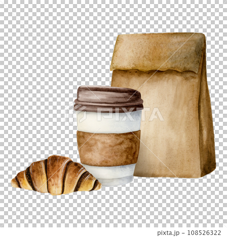 Disposable coffee cup, chocolate croissant and paper craft bag watercolor illustration isolated on white background for breakfast and coffee break designs, cafe, restaurant food menus 108526322