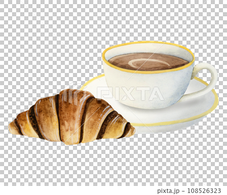 White coffee cup with chocolate French croissant watercolor illustration isolated on white background for coffee break, breakfast, menus, invitations White coffee cup with chocolate French croissant watercolor illustration isolated on white background for coffee break, breakfast, menus, invitations 108526323