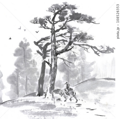 懐かしい日本の風景 水墨画のイラスト素材 [108526353] - PIXTA