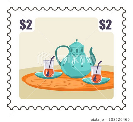 Turkish tea in cups and pot on tray, postmark Turkish tea in cups and pot on tray, postmark 108526469