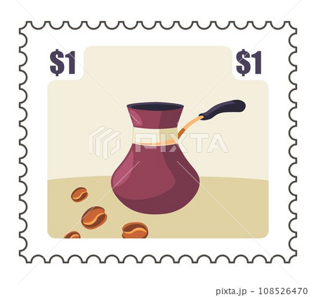 Postal mark with Turkish cezve and coffee beans Postal mark with Turkish cezve and coffee beans 108526470