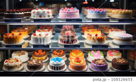 Assorted cakes in a shop window for sale Assorted cakes in a shop window for sale 108526655