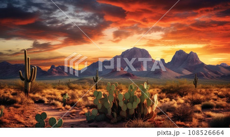 Wild West Texas desert landscape with sunset with mountains and cacti. 108526664