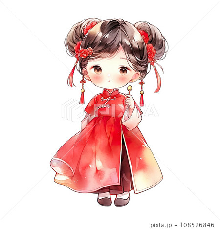 Girl wears a red qipao dress with a Chinese hairstyle during Chinese New Year ,ai generated 108526846
