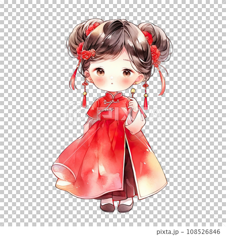 Girl wears a red qipao dress with a Chinese hairstyle during Chinese New Year ,ai generated 108526846