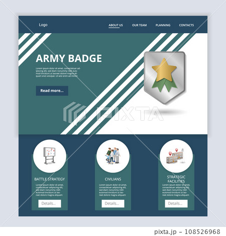Army badge flat landing page website template. Battle strategy, civilians, strategic facilities. Web banner with header, content and footer. Vector illustration. 108526968