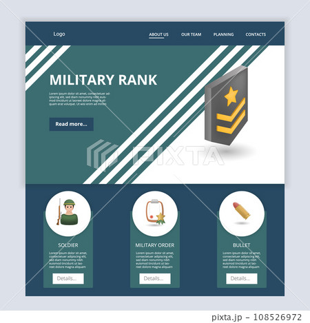 Military rank flat landing page website template. Soldier, military order, bullet. Web banner with header, content and footer. Vector illustration. 108526972