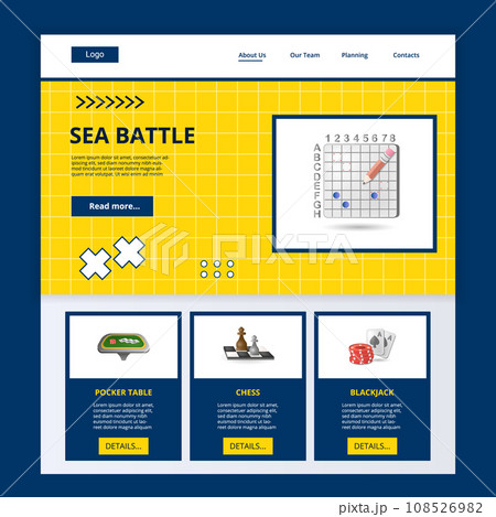 Sea battle flat landing page website template. Poker table, chess, blackjack. Web banner with header, content and footer. Vector illustration. 108526982