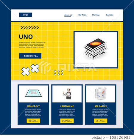 Uno flat landing page website template. Monopoly, pantomime, sea battle. Web banner with header, content and footer. Vector illustration. 108526983