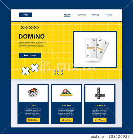 Domino flat landing page website template. Uno, billard, srabble. Web banner with header, content and footer. Vector illustration. 108526988