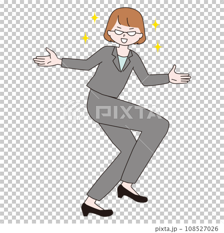 A woman in a suit posing with her arms outstretched and one leg raised, wearing glasses A woman in a suit posing with her arms outstretched and one leg raised, wearing glasses 108527026