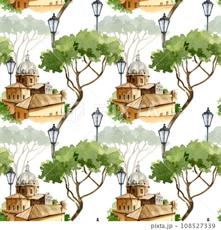 watercolor seamless pattern with old Italian house. illustration of Rome, Italy, hand drawn panorama of town with pinya pine and old street lamp, isolated on white background 108527339