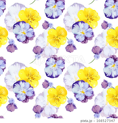 watercolor seamless pattern with hand drawn pansy flowers and buds, violet and yellow spring flowers, summer illustration, isolated on white background watercolor seamless pattern with hand drawn pansy flowers and buds, violet and yellow spring flowers, summer illustration, isolated on white background 108527347