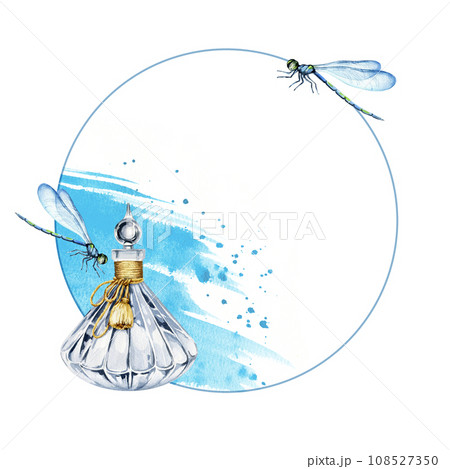 watercolor round frame with vintage perfume glass bottle, background of water and spray, flying dragonflies, hand drawn illustration of transparent perfume flacon isolated on white background watercolor round frame with vintage perfume glass bottle, background of water and spray, flying dragonflies, hand drawn illustration of transparent perfume flacon isolated on white background 108527350