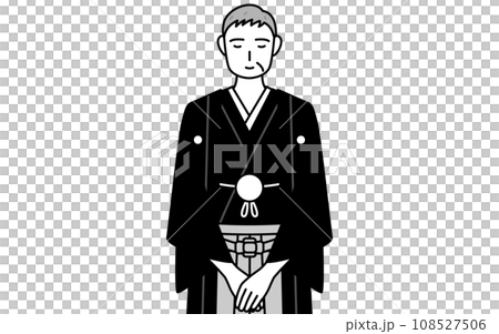 手を組んでお辞儀する紋付袴姿のシニア男性、お正月の初詣や結婚式で 手を組んでお辞儀する紋付袴姿のシニア男性、お正月の初詣や結婚式で 108527506