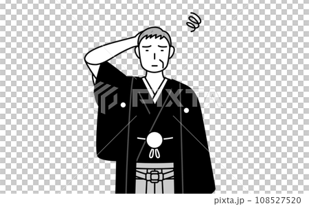 A senior man wearing a hakama with a crest scratching his head in trouble, at a New Year's shrine visit or a wedding 108527520