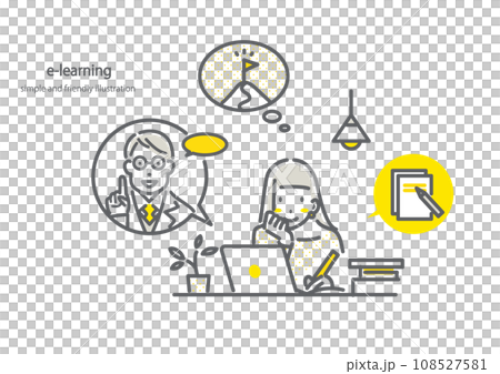 一位年輕女子在家參加線上課程 — 簡單而時尚的線條畫插圖 108527581