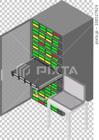 Image material of a laptop connected to a server in an isometric server rack Image material of a laptop connected to a server in an isometric server rack 108527624