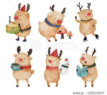 Reindeer . Christmas theme . Watercolor paint cartoon characters . Isolated . Set 3 of 4 . illustration . Reindeer . Christmas theme . Watercolor paint cartoon characters . Isolated . Set 3 of 4 . illustration . 108528047