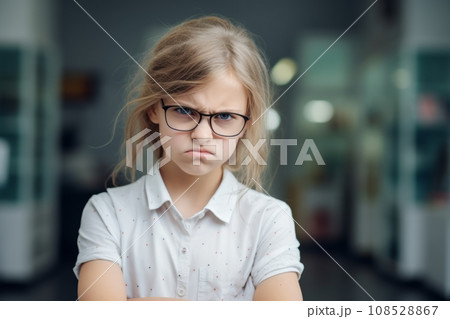 Portrait of a little sullen girl in a home setting, folding her arms and frowning eyebrows. Cute little girl is upset and offended. Beautiful child expresses negative emotion with face and pose. 108528867