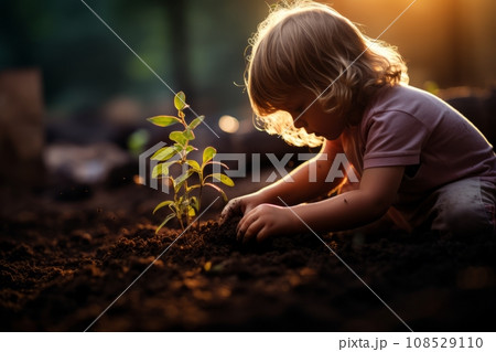 Beautiful little Caucasian girl bends over tiny green sprout in the garden. Adorable child plants a plant in the ground. Fostering a love of nature and concern for environment from childhood. 108529110