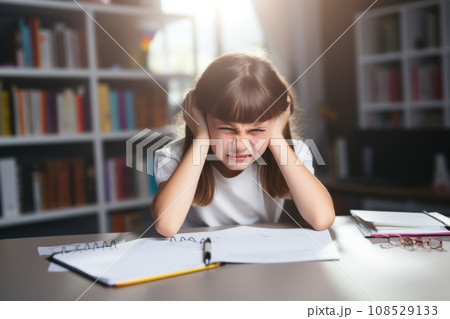 Little girl at home doing her homework at the table in a notebook. Cute little baby is upset and hurt, learning is difficult. Beautiful child expresses negative emotions with his face and pose. Little girl at home doing her homework at the table in a notebook. Cute little baby is upset and hurt, learning is difficult. Beautiful child expresses negative emotions with his face and pose. 108529133